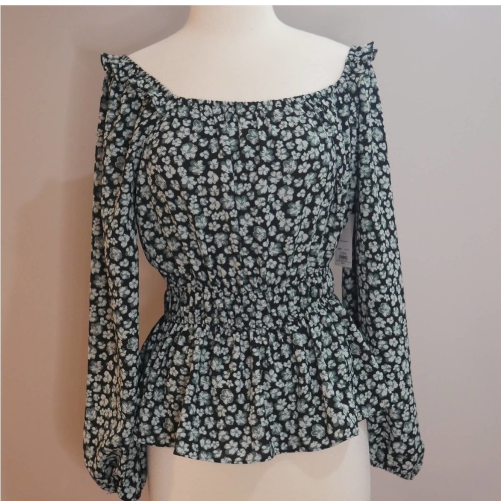 Nine West Black and White Floral Smocked Blouse
